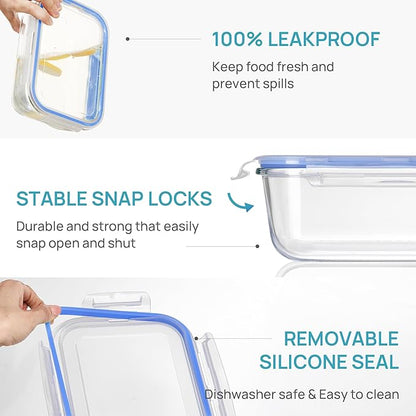Vtopmart 2Pack 1860ml/63oz Large Glass Storage Containers with Lids, Meal Prep Food Container Set with Snap Airtight Lid for Baking, Microwave, Oven, Leak Proof, for Freezer, Dishwasher, Blue