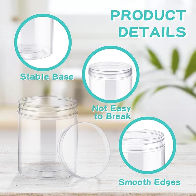 Irenare 24 Pcs 16 oz Plastic Jars with Lids Clear Plastic Containers Wide Mouth Food Mason Jars Airtight Storage Containers for Cake, Dried Fruit, Honey, Nuts, Carft, Scrub Cream(Clear Lids)