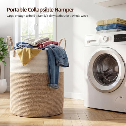 OIAHOMY Large Laundry Basket Hamper - 60L Cotton Rope Woven Basket for Blankets, Toys, Clothes - Tall Decorative Nursery Hamper with Long Handles, Brown/White