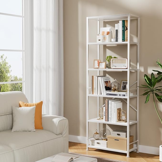 Furologee 6 Tier Book Shelf, Tall Wide Bookshelf, Modern Open Bookcase, Display Shelves Storage Organizer, Shelving Unit for Living Room, Home Office, Bedroom, Kitchen, White