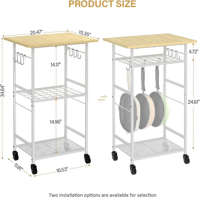 ThreeHio Rolling Kitchen Microwave Cart, 3 Tier Microwave Table Stand with Adjustable Shelf, Kitchen Storage Rack on Wheels, Coffee Station Cart Rack Shelf Organizer for Living Room Office, Balcony
