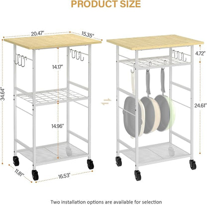 ThreeHio Rolling Kitchen Microwave Cart, 3 Tier Microwave Table Stand with Adjustable Shelf, Kitchen Storage Rack on Wheels, Coffee Station Cart Rack Shelf Organizer for Living Room Office, Balcony