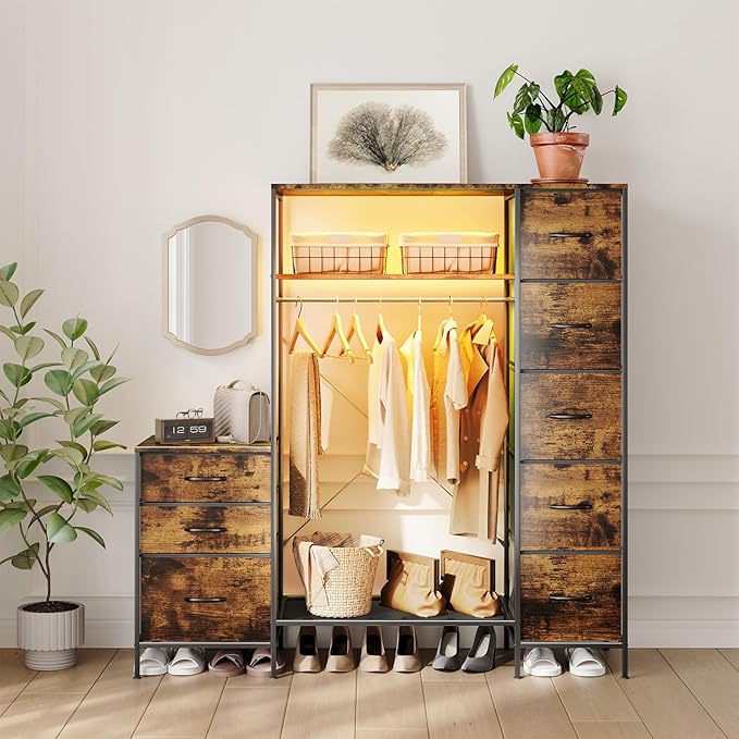Garment Rack with Drawers, Freestanding Closet Organizer with Shelves, 55W*57.08H Heavy Duty Clothes Rack with Hanging Rod, Clothing Wardrobe Closet for Bedroom, Living Room, Entryway, Laundry Room