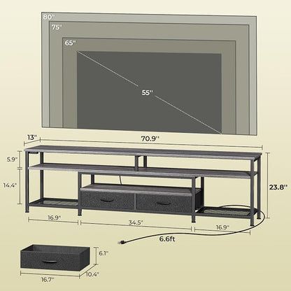 Huuger TV Stand for 75 80 Inch TV, Entertainment Center with Power Outlets and LED Lights, 70.9 Inch TV Console for Living Room, Media Console with Drawers and Shelves, Grey