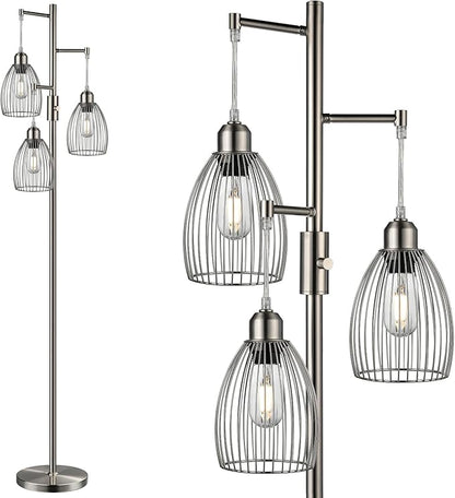 Nintiue Dimmable Floor Lamp, 3 x 800LM LED Edison Bulbs Included, Industrial Floor Lamp Standing Tree Lamp with Elegant Teardrop Cage Heads Tall Lamps for Living Room Bedroom-Brushed Nickel