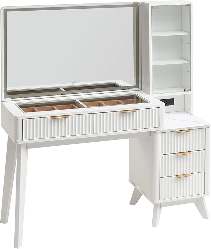 RedLemon 48" Fluted Vanity Desk with 36" Large HD Mirror and Lights, Modern Wood Glass Tabletop Makeup Table with Adjustable Storage Shelves, 5 Drawers, Charging Station for Bedroom, Off White