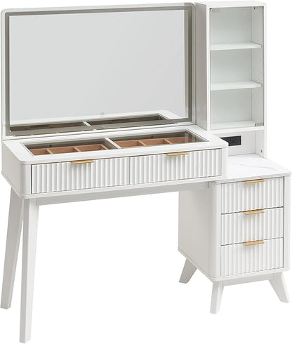 RedLemon 48" Fluted Vanity Desk with 36" Large HD Mirror and Lights, Modern Wood Glass Tabletop Makeup Table with Adjustable Storage Shelves, 5 Drawers, Charging Station for Bedroom, Off White