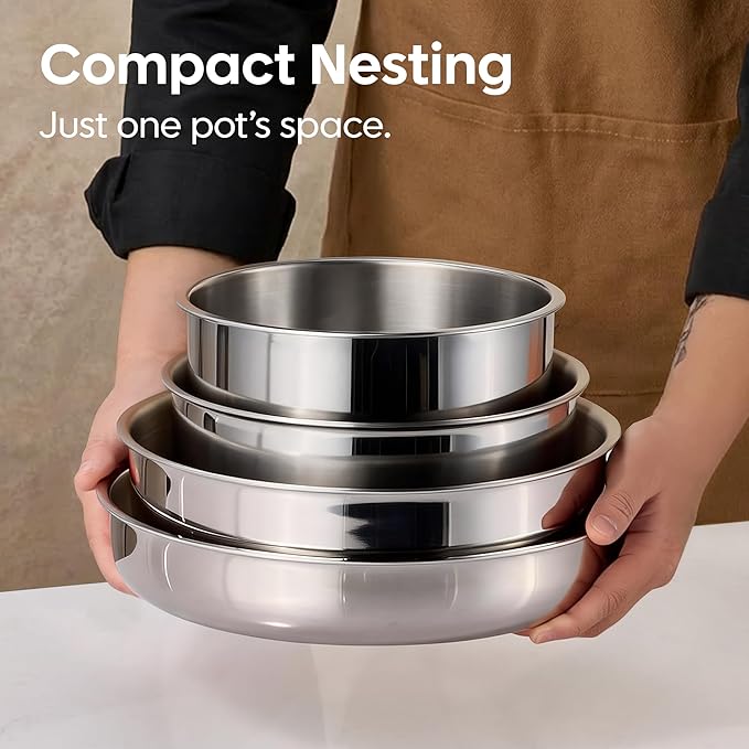 CAROTE 13pcs Tri-Ply Stainless Steel Cookware Set with Detachable Handle, Pots and Pans Set, Induction Kitchen Cooking Sets, RV/Camping Cookware, Oven Safe, Woodgrain Style