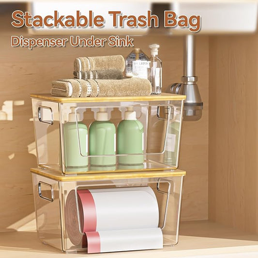 spospo 2 Pack Trash Bag Holder with Bamboo Lid, Stackable Trashbag Dispenser, Extra Large Garbage Bag Holder for Kitchen Laundry Room Under Sink Organization and Storage