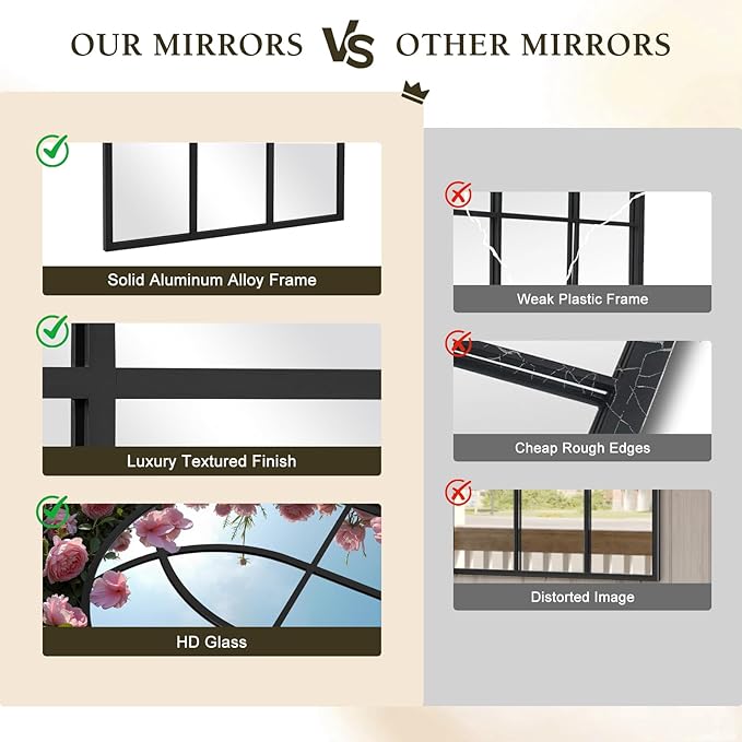 Arched Window pane Wall Mirror 30"x40", Window Shaped Farmhouse Style with Aluminum Frame, Decorative Wall Mirror Leaning Hanging for Living Room, Courtyard, Bedroom, Entryway, Black