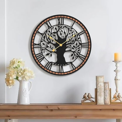 Micasso Non-Ticking Large Wall Clock: 15Inch Tree of Life Metal Black with Solid Wood Frame - Battery Operated Silent Clock for Living Room/Office/Bedroom/Kitchen - Home Decor for Teen