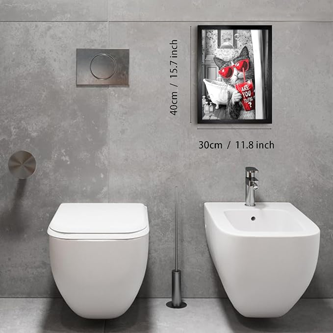 Behind The Shower Curtain Wearing Red Sunglasses Cat For Bathroom Wall Decor Framed Cute Animal Wall Decor For Bathroom Washroom Restroom Decor Rustic Humor Wall Poster (Black Framed) 12x16 Inch
