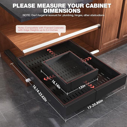 Seinloes Pull Out Cabinet Organizer,4-Side Expandable to Maximize Cabinet Space,Slide Out Drawers with 3 Rail Design,Roll Out Shelf with Raising Pad for Framed Cabinet,13"-21"W x 17"-24"D,Black,2 Pack