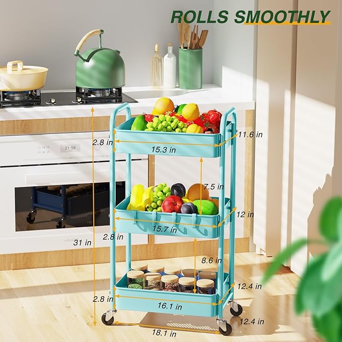 LEHOM 3 Tier Rolling Storage Cart, Metal Trolley Utility Cart with Wheels & Hooks, Easy Assembly Organizer Storage Cart for Bathroom Kitchen Office Bedroom
