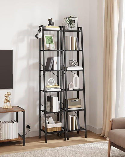 Ladder Shelf, Bookshelf Bookcase, Freestanding Corner Storage Shelve with 2 Hooks for Home Office, Living Room, Kitchen, Bedroom, Industrial, 11.8" D x 13.4" W x 72.8" H, Black BC13304B