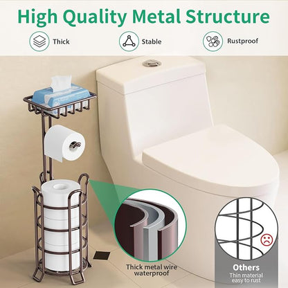 TomCare Toilet Paper Holder Upgraded Toilet Paper Stand with 4 Raised Feet Metal Free Standing Tissue Paper Roll Dispenser with Storage Shelf Sturdy Bathroom Accessories (Bronze)