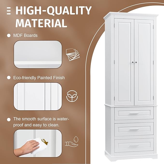 Polibi Tall Storage Cabinet with 3 Drawers, 3-Tier Adjustable Shelves & 2 Doors, Floor Freestanding Linen Cabinet for Bathroom, Living Room (White)