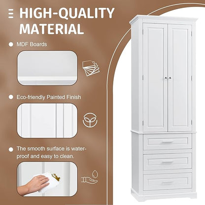 Polibi Tall Storage Cabinet with 3 Drawers, 3-Tier Adjustable Shelves & 2 Doors, Floor Freestanding Linen Cabinet for Bathroom, Living Room (White)