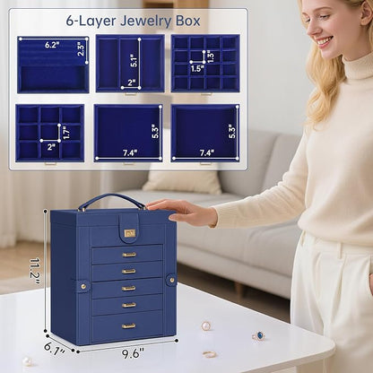 AKOZLIN 6-Tier Jewelry Box Organizer Functional 5 Drawers Leather Jewelry Storage Case for Women Girls Ring Necklace Earring Bracelet Holder Organizer with Mirror Blue