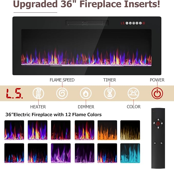 PRETZI Fireplace TV Stand with 36" Fireplace Up to 90" TVs, 80" Entertainment Center with LED Lights, Remote Control, TV Media Console with Storage Cabinets for Living Room, Black