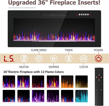 PRETZI Fireplace TV Stand with 36" Fireplace Up to 90" TVs, 80" Entertainment Center with LED Lights, Remote Control, TV Media Console with Storage Cabinets for Living Room, Black