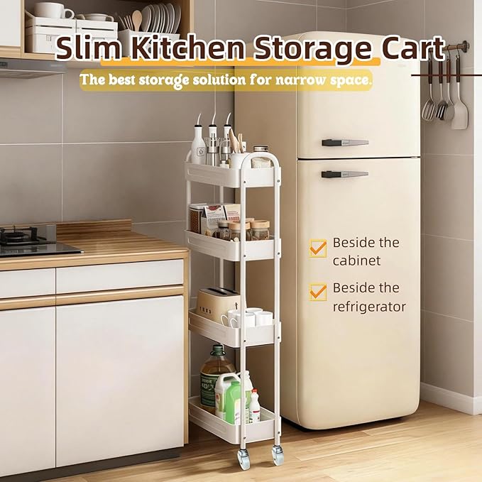 LIWNYRK 4 Tier Slim Kitchen Storage Cart for Narrow Space, 7.1'' Wide Metal Rolling cart with Wheels and Lockable Casters, Sturdy Mobile Thin Shelf for Laundry Room Between Washer and Dryer, White
