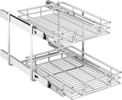 2-Tier Kitchen Cabinet Pull Out Shelf and Drawer Organizer Slide Out Pantry Storaqe Basket in Multiple Sizes (15" W x18 D)