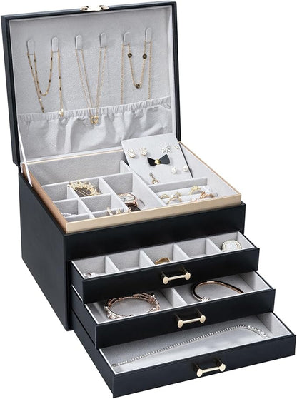 Jewelry Boxes for Women, Large Jewelry Storage Boxes, 4-Layer Leather Jewelry Organizer with 3 Drawers, Jewelry Display Case Gift for Women Girls, Black