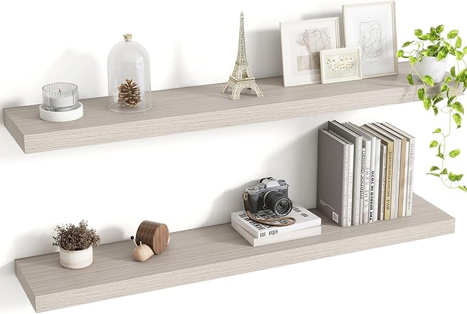 Acovy 40 Inch Floating Shelves, 8 Inch Deep Floating Shelves for Wall, Hanging Shelf with Invisible Brackets, Deep Shelves for Bathroom, Bedroom, Living Room, Grey, Set of 2