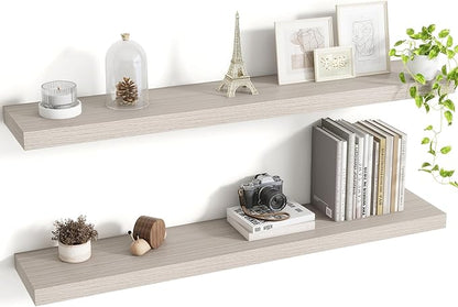 Acovy 40 Inch Floating Shelves, 8 Inch Deep Floating Shelves for Wall, Hanging Shelf with Invisible Brackets, Deep Shelves for Bathroom, Bedroom, Living Room, Grey, Set of 2
