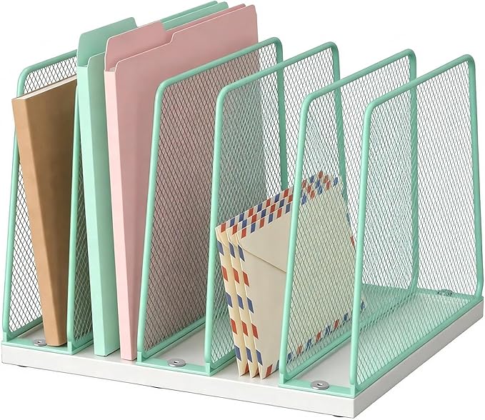 LEKETREE Desk File Organizer, 5-Section Upright File Sorter, Vertical File Folder Holder, Mesh Metal Wood Office Desktop Organization for Document, Magazine, Books and more (Mint)