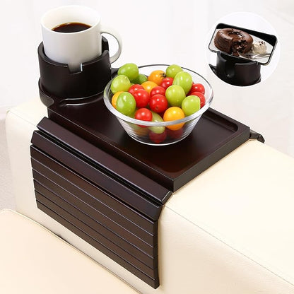 Couch Cup Holder Tray - 3 in 1 Couch Arm Table with 360° Rotating Phone Holder, Foldable Sofa Arm Tray for Drink Table, Snacks Table,Hold Cellphone Remote or Books