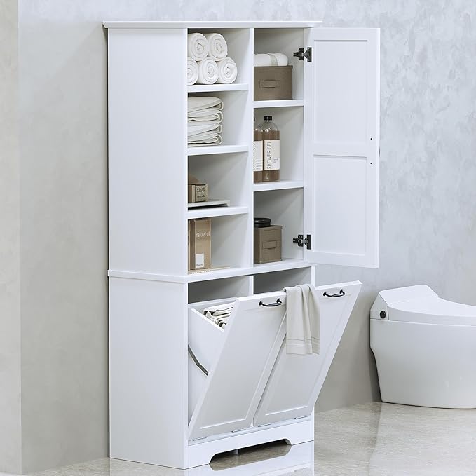 Merax Tall Storage Cabinet with Door and Open Shelf, Multi-Functional Laundry Hamper Basket for Home Bathroom, Laundry Room, White