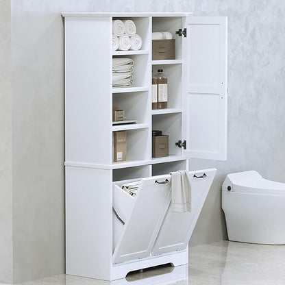 Merax Tall Storage Cabinet with Door and Open Shelf, Multi-Functional Laundry Hamper Basket for Home Bathroom, Laundry Room, White