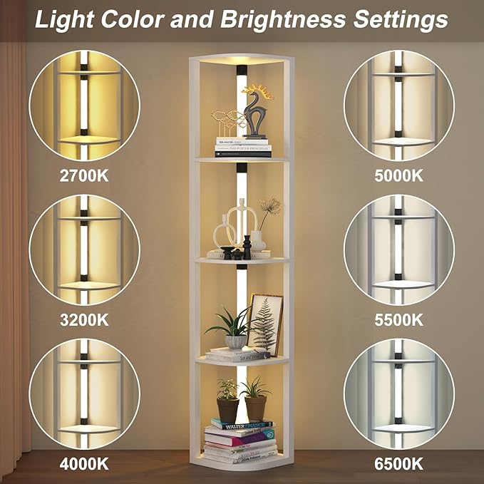 VTRIN Corner Shelf with Light, Floor Lamps with Shelves for Living Room, Small Space, Modern Home Decor Stand Sturdy 5-Tier Corner Bookshelf Cabinet Display Shelf for Collectibles, White