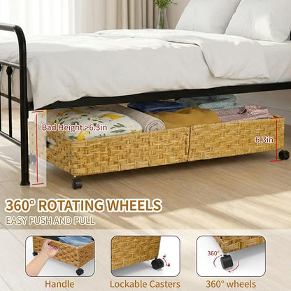 Under Bed Storage Containers with Wheels, 31.5” Large Handwoven Rattan Rolling UnderBed Storage Bins, Tool-free Assembly Natural Under The Bed Organizer Drawers for Bedroom, Sheets Clothes Blankets