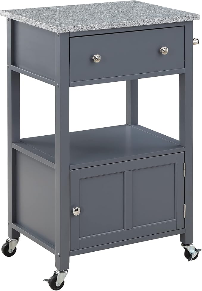 OSP Home Furnishings Fairfax Farmhouse Kitchen Cart with Granite Top, Rolling Storage Cabinet with Towel Rack, Shelf and Drawer, Grey Finish