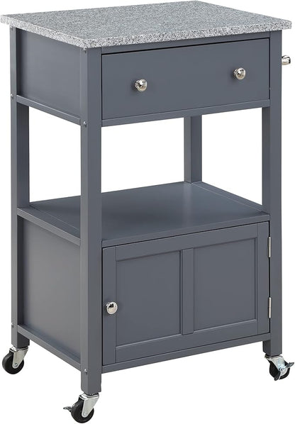 OSP Home Furnishings Fairfax Farmhouse Kitchen Cart with Granite Top, Rolling Storage Cabinet with Towel Rack, Shelf and Drawer, Grey Finish