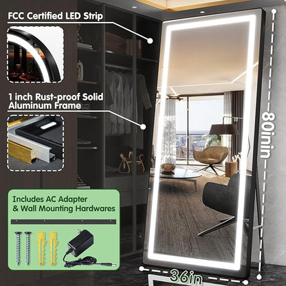 FENNIO Full Length Mirror with Lights, 80" x 36" LED Full Body Mirror, Wall Mounted Hanging Mirror with Lights for Bedroom, Salon, Dimmable & 3 Color Lighting, Tempered Glass