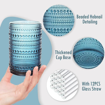 Hobnail Drinking Glasses with Straws, 15oz&12oz Vintage Glassware Set of 12, Blue Hobnail Glassware Embossed Vintage Water Cups, Highball Glasses for Cocktail,Whiskey,Beer and Juice