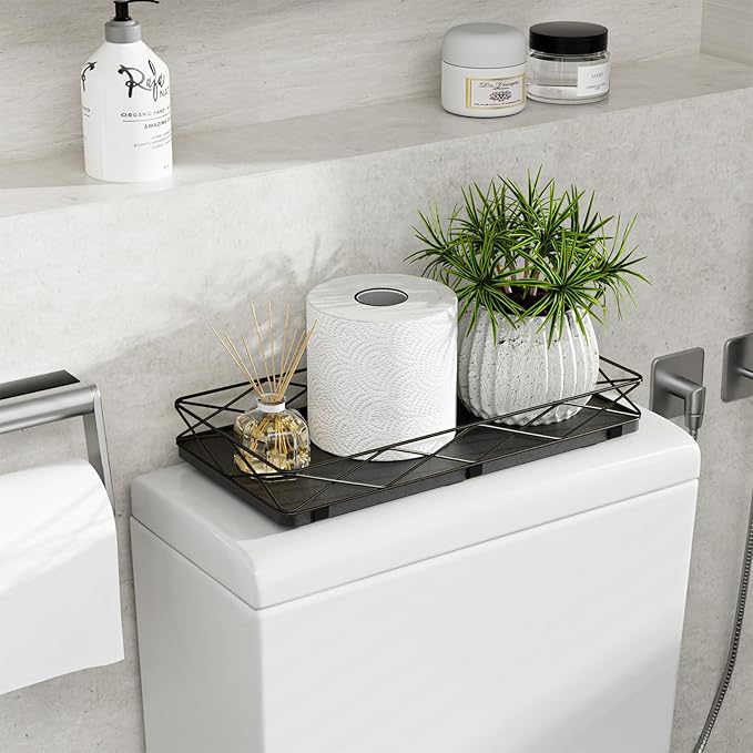 Toilet Paper Basket Holder, 13" Bathroom Tray Countertop, Wood and Metal Toilet Tank Tray Bathroom Vanity Organizer for Toiletry, Kitchen Sink Organizer for Soap Dispenser (Black)