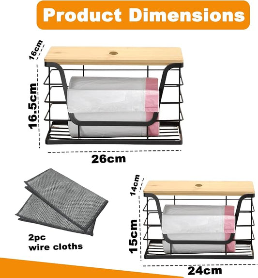 Trash Bag Holder & Wire Dishcloth, Stackable Trashbag Dispenser With Bamboo Lid, Large Trash Bag Holder and Small Garbage Bag Dispenser for Countertop Organization(4 Pcs)