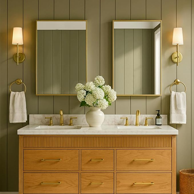 TEHOME 16.5'' x 24'' Brushed Gold Recessed and Surface Mount Bathroom Medicine Cabinet with Mirror Brushed Gold Square Cornered Metal Framed Rounded Rectangle Medicine Cabinet Mirror