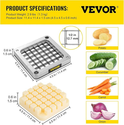 VEVOR Replacement Chopper Blade, 1/2 inch, 3 PCS French Fry Blade Assembly with 6 Extra Knives, Stainless Steel Dicer Parts and Push Block for Cutting Potatoes Carrots Onions Cucumbers Mushrooms