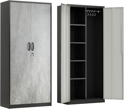 VINGLI Metal Storage Cabinet with Hanging Rod, 4 Adjustable Shelves, Lock Doors with Modern Gray Pattern Design, Armoire Wardrobe Closet Tool Functional Cabinet for Home, Office, Garage (Gray & Black)