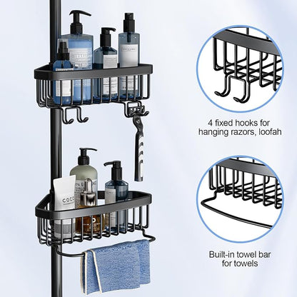Corner Shower Caddy Tension Pole: Adjustable Rustproof 4-Tier Inside Bathroom Organizer - 47-121 inch Quick Installation Bathtub Shelves for Shampoo Storage - Rod Floor Standing Bath Rack - Black