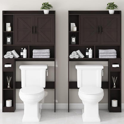 Vabches Over The Toilet Storage Cabinet, Farmhouse Storage Cabinet Over Toilet with 2 Barn Door & Toilet Paper Holder Stand，Home Space-Saving Toilet Rack, for Bathroom, Restroom, Laundry
