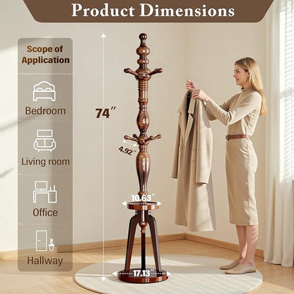 Coat Rack with 8 Hooks, Hall Tree Freestanding with Shelf, Wood Coat Tree Heavy Duty with Round Base, Standing Coat Rack, Load Capacity 220 lb, Coat Hanger Stand for Entryway Hallway Office 17.13x74"