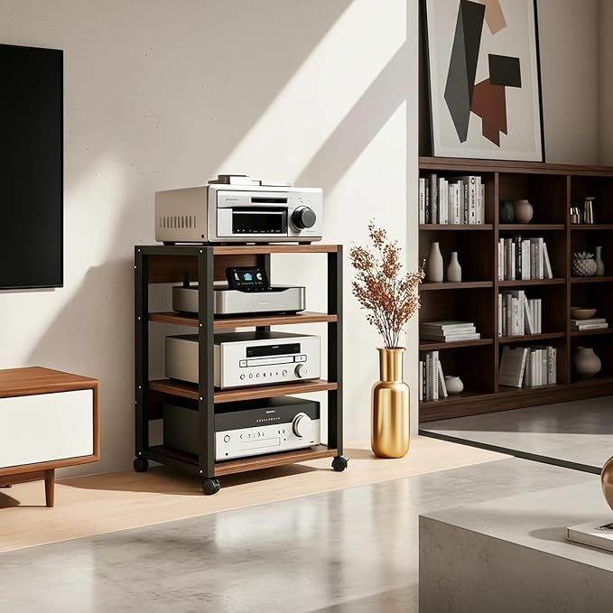4 Tier AV Media Stand, Audio Rack Tower Stereo Components Cabinet, Home Theatre CD Record Player Stereo Receiver Equipment Rack with Adjustable Wood Shelves, Load 220lbs (Walnut Brown)