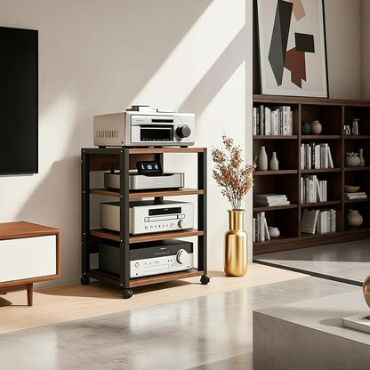 4 Tier AV Media Stand, Audio Rack Tower Stereo Components Cabinet, Home Theatre CD Record Player Stereo Receiver Equipment Rack with Adjustable Wood Shelves, Load 220lbs (Walnut Brown)